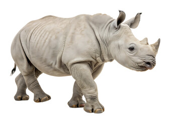 Fototapeta premium Magnificent Southern White Rhinoceros Walking Isolated on Black Background an Endangered Species with Powerful Build and Distinctive Horns Facing Right in Stunning Detail and Contrast
