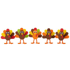 Obraz premium Five charming paper turkeys stand in a row, featuring colorful fanned tail feathers and playful eyes. Ideal for holiday decorations, craft projects, or festive designs.