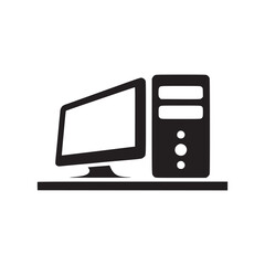 A graphic representation of a desktop computer with a monitor and cpu tower on a surface in black and white
