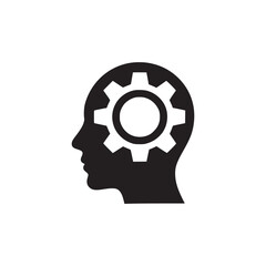 A black silhouette of a head with a gear inside on a white background simple and minimalistic design