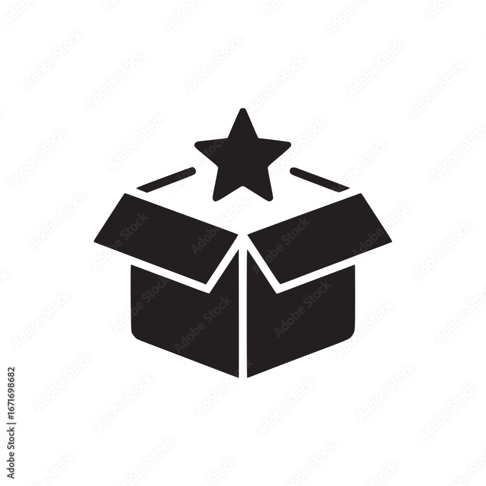 Poster a black and white graphic of an open box with a star above it on a plain white background design