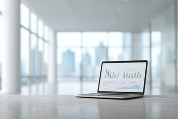 Fototapeta premium sleek laptop displaying set of colorful graphs with blurred white text bars and ar headers