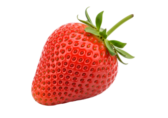 Vibrant Red Strawberry with Green Leaves on White Background.