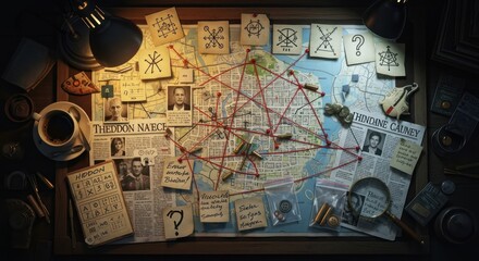 Intricate detective board, clues connected by red string, unsolved mystery unfolding with arcane
