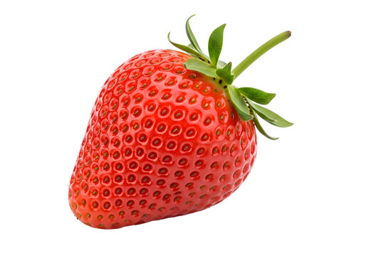 Vibrant Red Strawberry with Green Leaves on White Background.