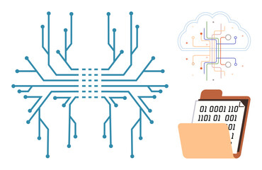 Circuit board pathways extending in a network, data cloud with lines, binary numbers in folder. Ideal for technology, data flow, cloud storage, networking, AI, innovation simple flat metaphor