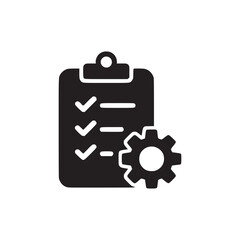 Black clipboard with check marks and horizontal lines and a gear on a white background vector icon