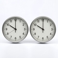 Two sleek, silver-toned clocks, set against a plain white background, display the precise time of noon.