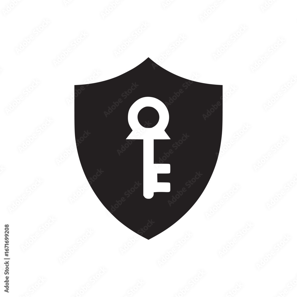 Poster a black shield with a white key emblem centered on a plain white background for security concept