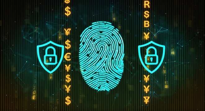 Online security with fingerprint scan and currency signs - Powered by Adobe