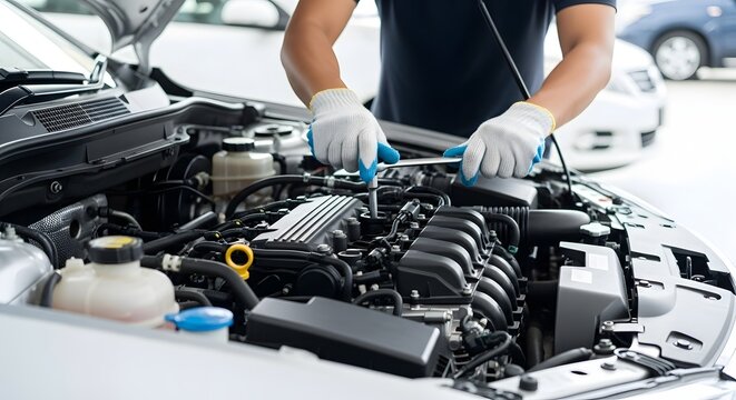 Car mechanic repairing engine in auto repair shop automotive service maintenance and diagnostics - Powered by Adobe