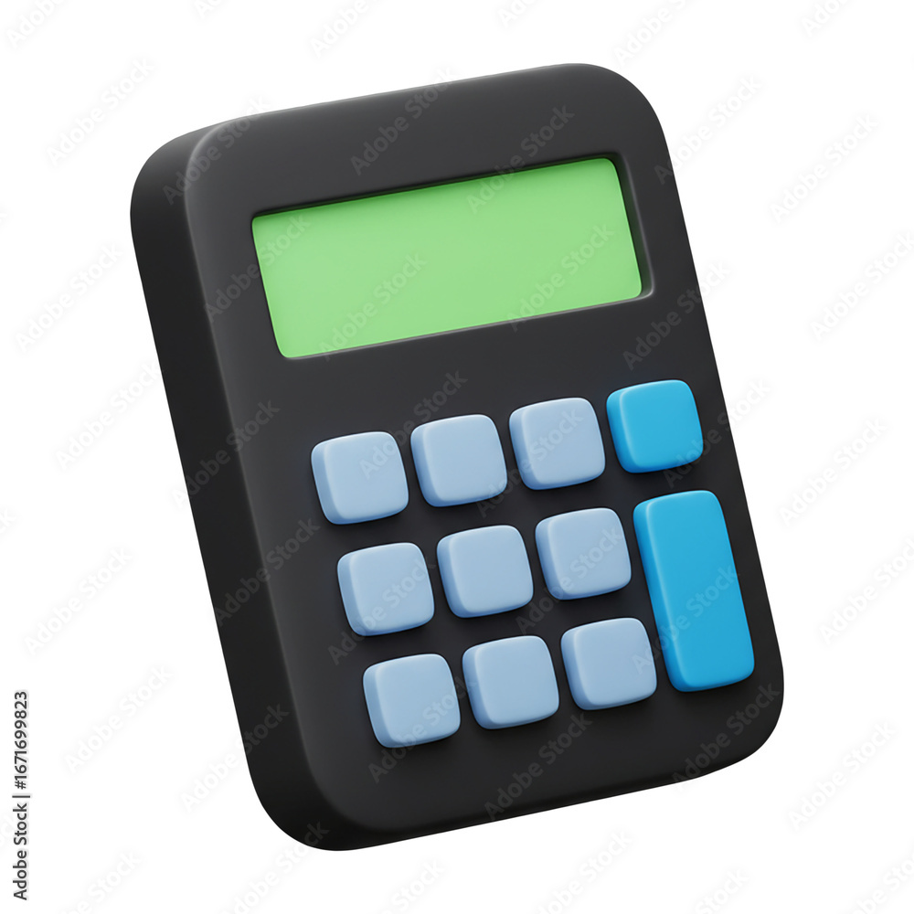 Poster a three-dimensional rendered calculator with a green display and blue buttons, isolated.