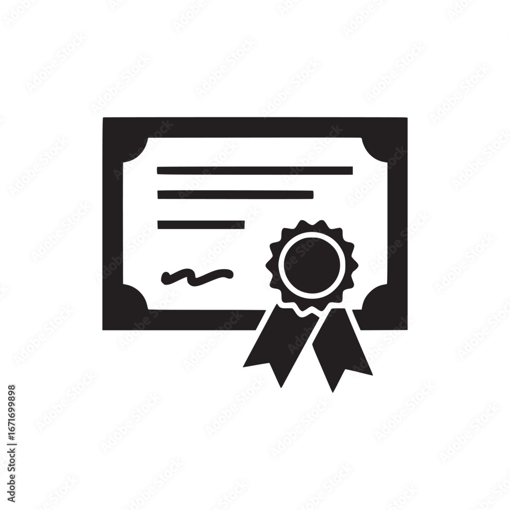 Poster A black and white graphic of a certificate with a seal on a plain white background in a simple style