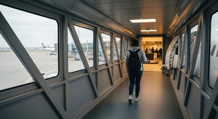 Passenger walking through airport jet bridge embarking on a journey with anticipation and
