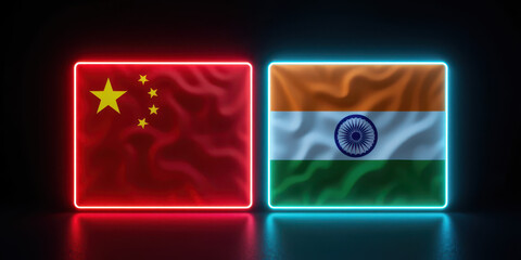 China and india flags illuminated in neon global relations digital art modern environment close-up view