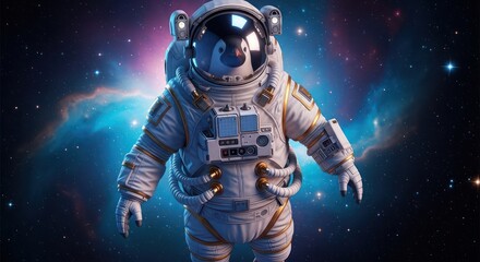 Penguin astronaut explores vibrant nebula amidst distant stars in a surreal journey