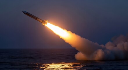 Powerful demonstration of a rocket launching from the sea under a twilight sky