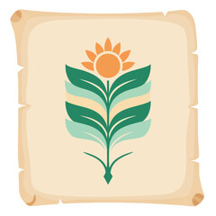 Stylized sunflower illustration with green leaves and orange sun.