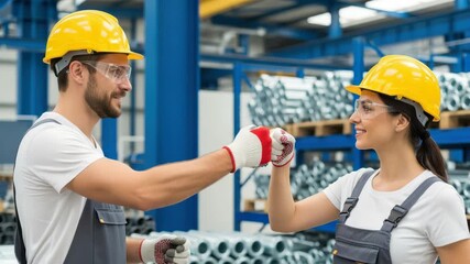Two smiling factory workers, a man and a woman, wearing yellow hard hats and safety glasses, give each other a fist bump in a warehouse