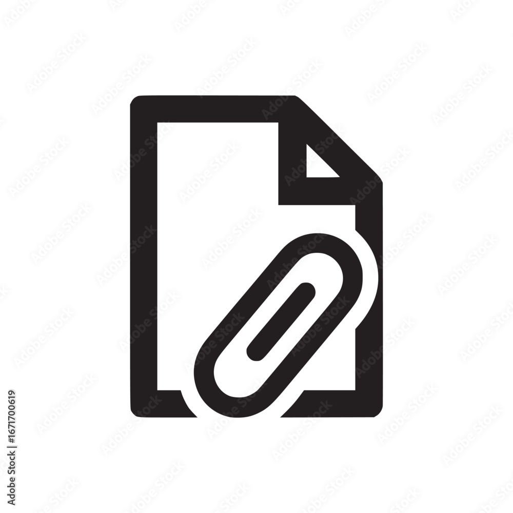 Poster a simple black and white icon showing a document with a paperclip attached to the top right corner