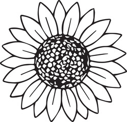 Hand-drawn doodle sunflower illustration in simple line art style. Black and white floral vector design perfect for autumn decor, coloring pages, stickers, greeting cards, and seasonal artwork.