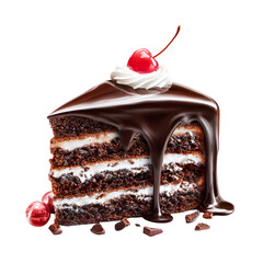 Decadent slice of rich chocolate cake with cream and cherry isolated on transparent background