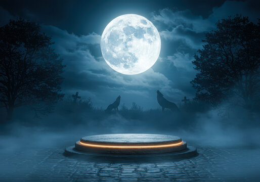 Full moon illuminates a misty lake with two wolves howling near a glowing platform