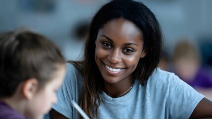 Fototapeta premium Teacher offering one on one support to a student in a classroom setting