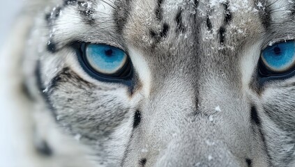 Close-up view of a snow leopard's intense blue eyes, showcasing intricate details of its fur and the delicate presence of snowflakes.