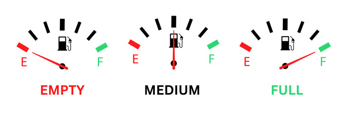 Set of petrol, gasoline, diesel and gas meter indicator icons, fuel indicator empty, medium and full levels , 