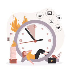 Tired woman delay tasks. Fatique businesswoman lying on alarm clock, metaphor of procrastination. Lazy employee in office. Lunch break and relaxation time, rest, burnout