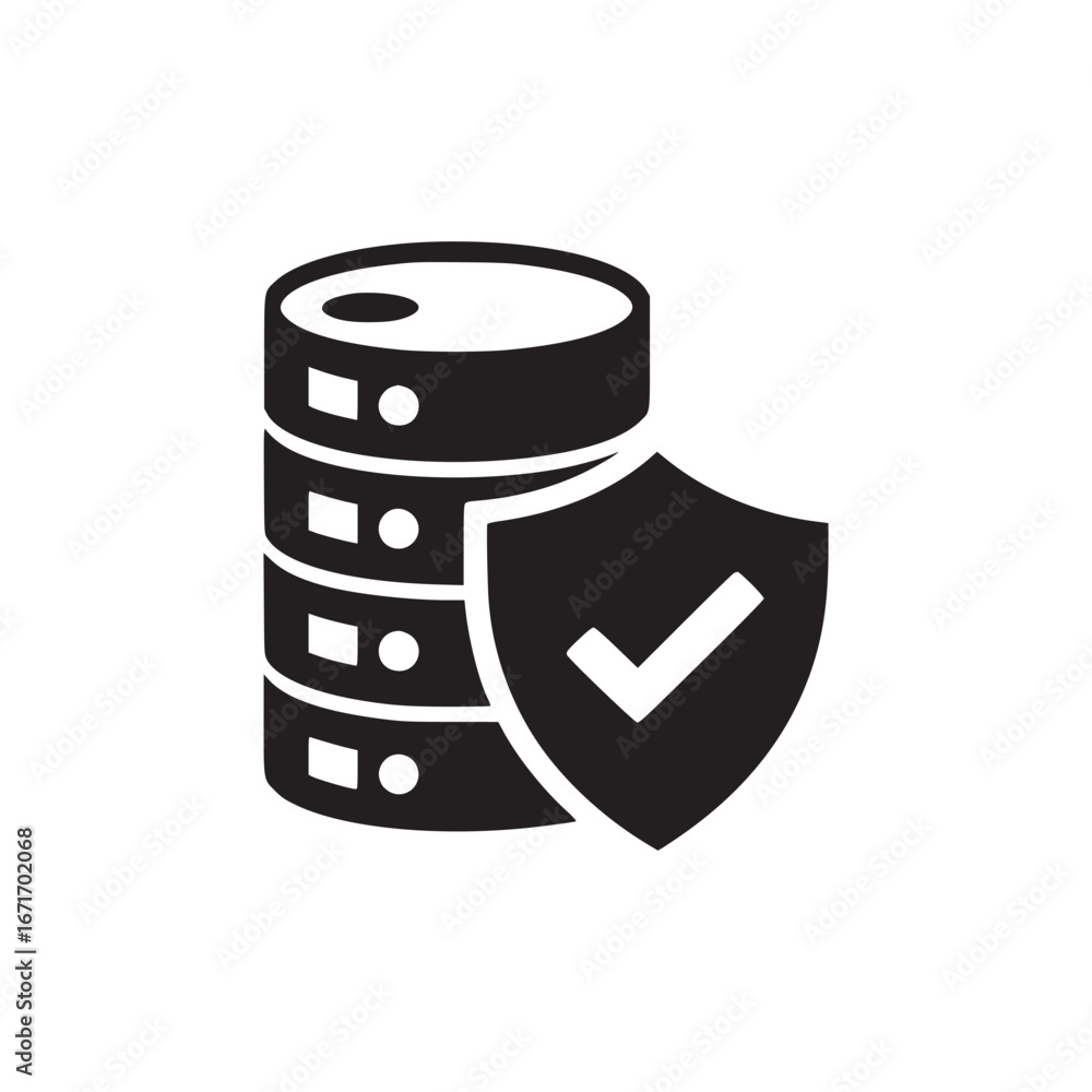 Poster black and white illustration of server stack with shield and checkmark for data security icon