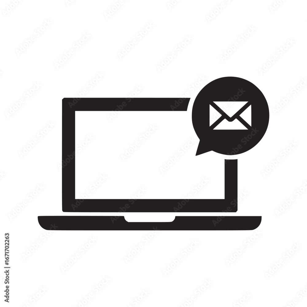 Poster black and white laptop icon with message notification in a speech bubble on a white background