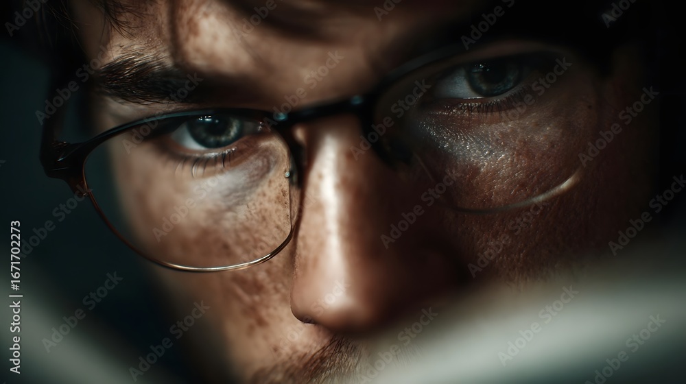 Poster focused eyes deep in thought while reading intently