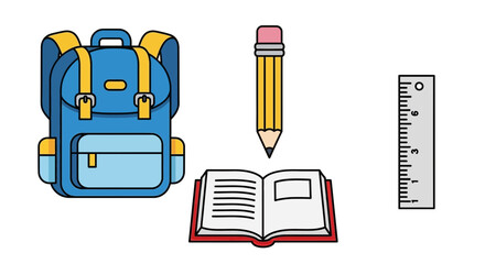 School supplies arranged neatly on white surface represent learning and education with bright colors and organized layout, creating a cheerful and inviting mood.