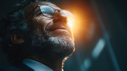 Thoughtful businessman gazing upward in modern office, soft light illuminating his face