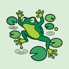 A Lively Green Cartoon Frog Jumping Mid Air.