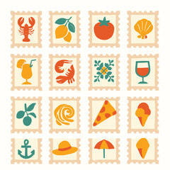 Italian Summer Mediterranean Postage Stamps Icon Set – Flat Solid Color Vector Illustrations