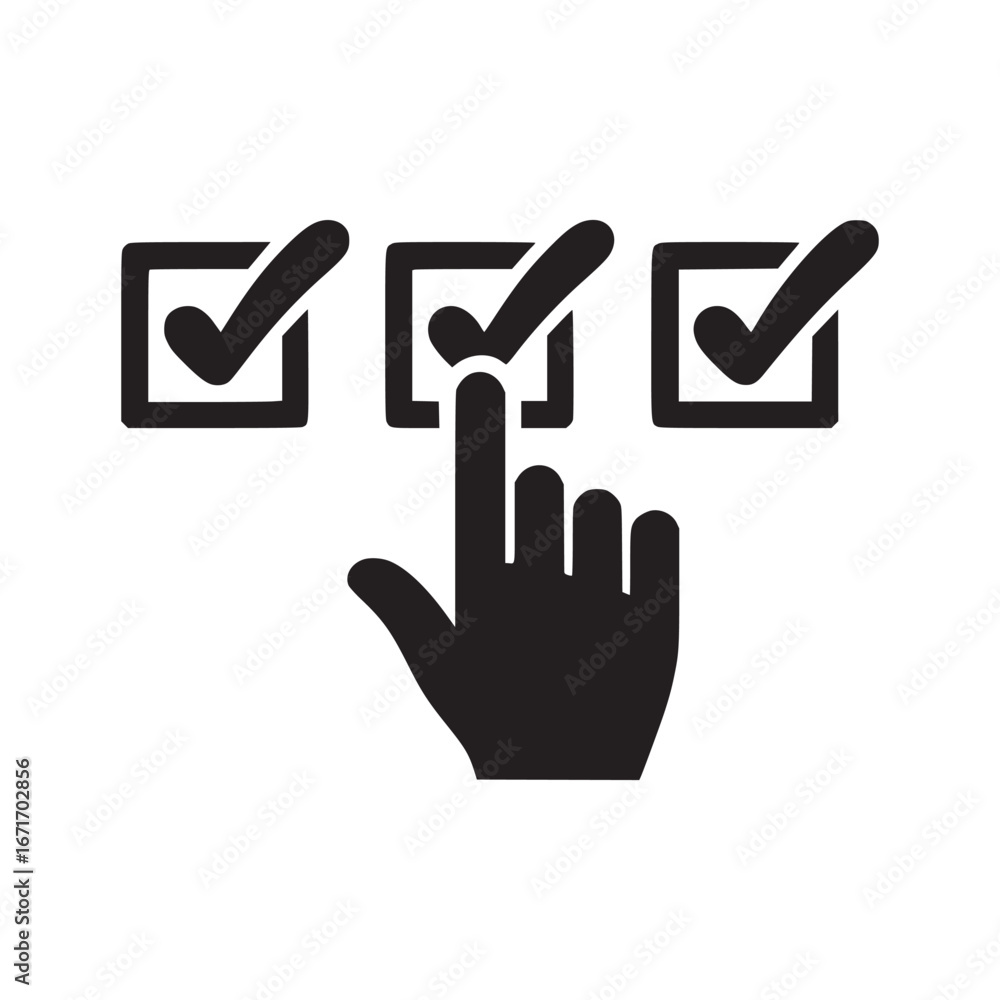 Aufkleber a black hand selecting a checkbox with a checkmark in it from a set of three options available