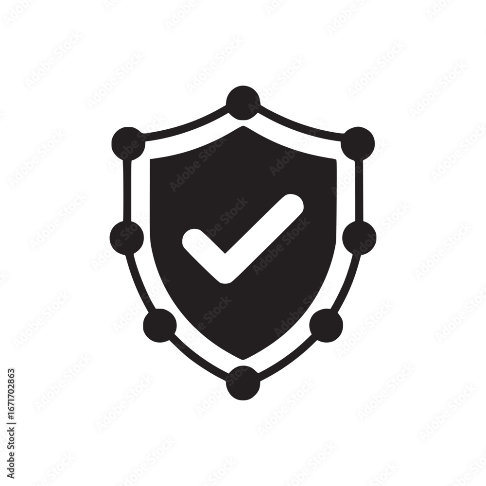 Poster a black and white graphic of a shield with a check mark and connected circles around it on white