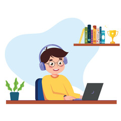 Vector illustration of a cute boy sitting at a laptop. Cartoon scene with a smiling boy in headphones and glasses sitting at a laptop and listening to music, studying isolated on a white background.