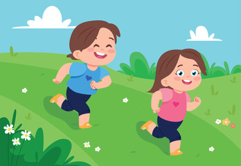 Vector illustration of cute children running in nature. Cartoon scene with smiling girls running on a sunny lawn with blue sky with clouds, flowers, bushes isolated on white background. Catching up.