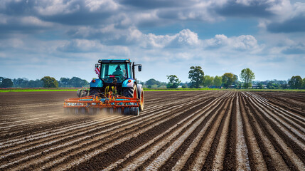 Fototapeta premium Tractor sowing seeds in rows across a wide field, farmers working in field , photo style