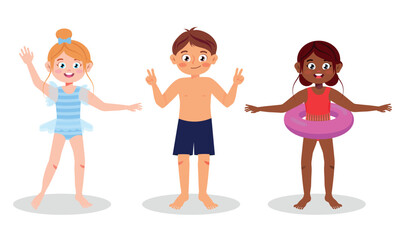 Vector illustration of cute children in swimsuits. Cartoon scene with smiling girls and boys wearing swimsuits, shorts and inflatable swimming ring waving hands, greeting isolated on white background.