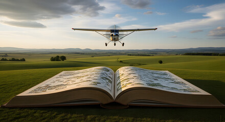 A surreal image of a small propeller plane flying low over a giant open atlas or textbook lying in a vast green field
