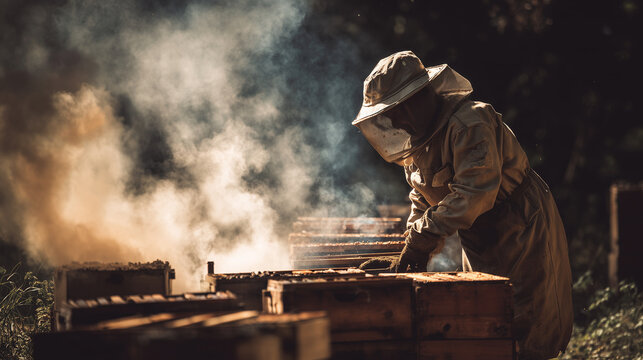 Beekeeper checking hives with smoke tool, farmer working, photo style