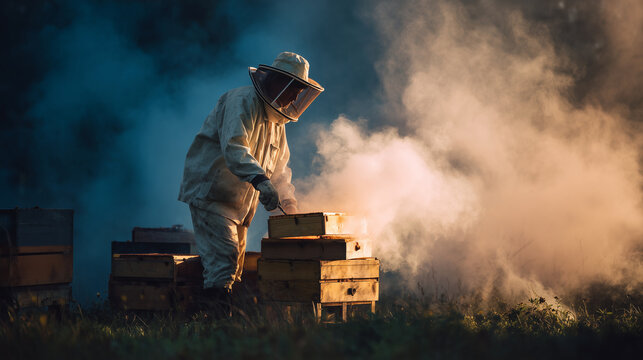 Beekeeper checking hives with smoke tool, farmer working, photo style