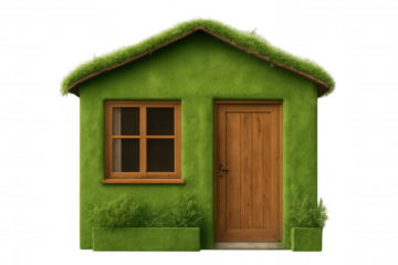 Small green house covered in grass with a transparent background promoting sustainability and eco-friendly living