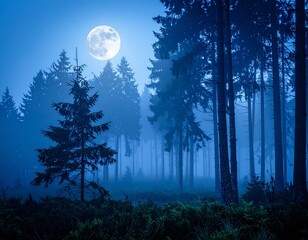 Fototapeta premium Moonlit Foggy Woods Mystical Atmosphere Illustration