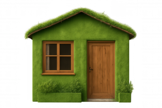 Small green house covered in grass with a transparent background promoting sustainability and eco-friendly living